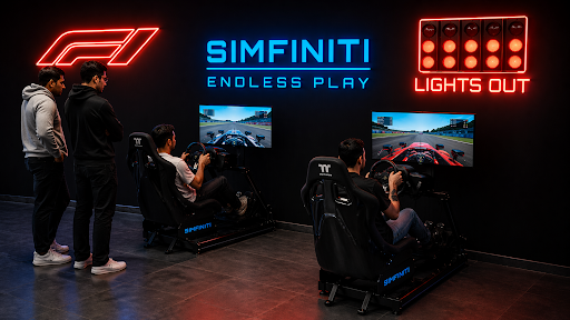 Simfiniti F1 racing simulator venue with neon lights out sign